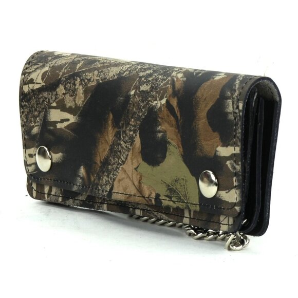 Handcrafted HM Camo Camouflage LEATHER Trucker Biker 7.5"x3" Chain Wallet USA - Picture 3 of 4
